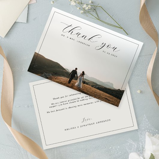 Elegant Calligraphy Border Foto Soft Gray Wedding Bedankkaart