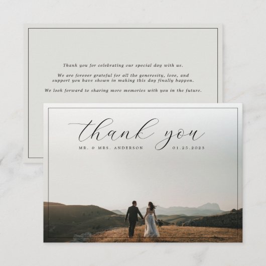 Elegant Calligraphy Border Foto Soft Gray Wedding Bedankkaart (Voorkant / Achterkant)