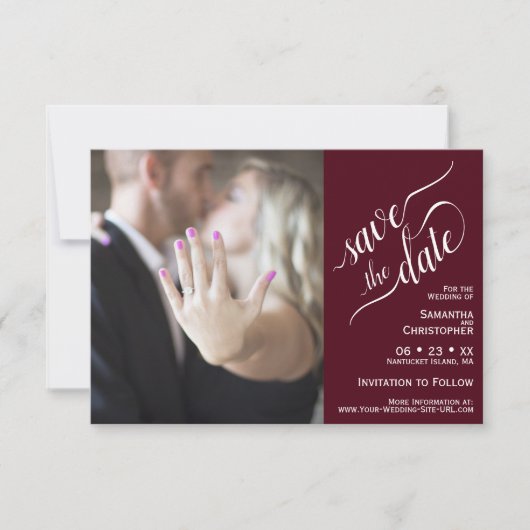 Elegant Calligraphy Burgundy 2 Pane Photo Wedding Save The Date (Voorkant)