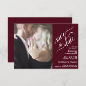 Elegant Calligraphy Burgundy 2 Pane Photo Wedding Save The Date (Voorkant / Achterkant)