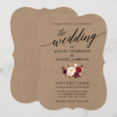 Elegant Calligraphy Burgundy Floral Kraft Wedding Kaart (Voorkant / Achterkant)