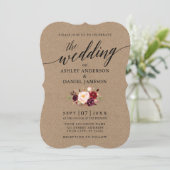 Elegant Calligraphy Burgundy Floral Kraft Wedding Kaart (Staand voorkant)