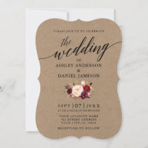 Elegant Calligraphy Burgundy Floral Kraft Wedding