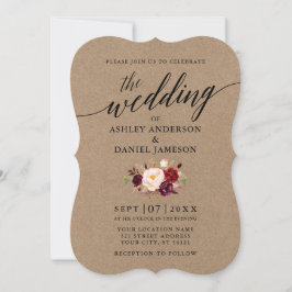 Elegant Calligraphy Burgundy Floral Kraft Wedding Kaart