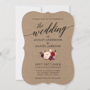 Elegant Calligraphy Burgundy Floral Kraft Wedding Kaart