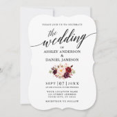 Elegant Calligraphy Burgundy Floral Photo Wedding Kaart (Voorkant)
