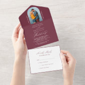Elegant Calligraphy Burgundy Foto RSVP Wedding All In One Uitnodiging (Afscheurbaar)