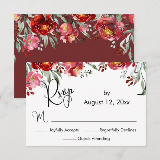 Elegant Calligraphy Burgundy Red Herfst Flowers RSVP Kaartje (Voorkant / Achterkant)