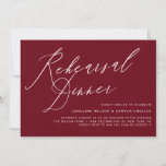 Elegant Calligraphy Burgundy Rehearsal Dinner Kaart<br><div class="desc">Nodig gasten uit voor je trouwrepetitie diner met deze aanpasbare repetitieve diner uitnodiging. Het kenmerkt het manuscript van Caroline, een elegante moderne kalligrafie. Personaliseer deze kalligrafiereoefening dineuitnodiging door namen, datum, tijd, en andere gebeurtenisdetails toe te voegen. Deze uitnodiging voor een begrafenisrepetitief diner is perfect voor elk trouwthema en elk seizoen....</div>