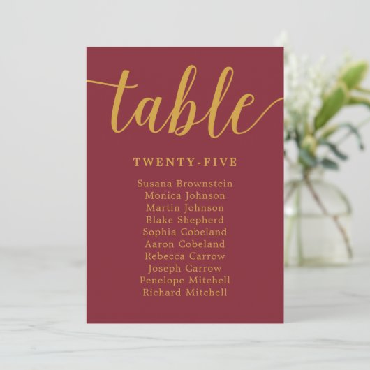 Elegant Calligraphy Burgundy Wedding Guest Seating (Staand voorkant)