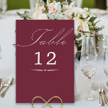 Elegant Calligraphy Burgundy Wedding Kaart<br><div class="desc">Bourgogne trouwtafel nummerkaart met elegante kalligrafie en bewerkbaar tafelnummer. Eenvoudig, modern minimalistisch ontwerp dat bij uw trouwkleuren past. De tabel is geschreven in een handgeschreven script en de sjabloon is klaar om het tabelnummer te bewerken. Coördinerende uitnodigingen, briefpapier en de inrichting van de dag van het evenement zijn te vinden...</div>