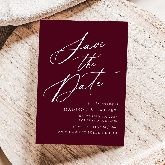 Elegant Calligraphy Burgundy Wedding Save The Date