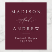 Elegant Calligraphy Burgundy Wedding Wijn Etiket (Enkel label)