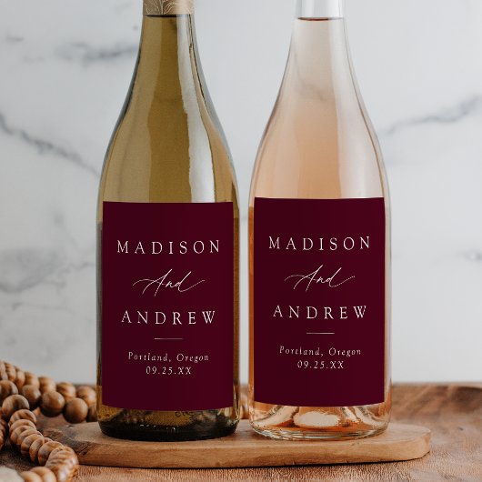 Elegant Calligraphy Burgundy Wedding Wijn Etiket