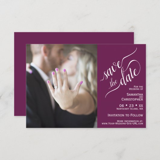 Elegant Calligraphy Cassis 2 Pane Photo Wedding Save The Date (Voorkant / Achterkant)