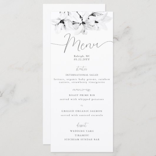 Elegant Calligraphy Chic Magnolias Spring Wedding Menu (Voorkant / Achterkant)