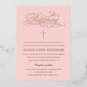 Elegant Calligraphy Christening Blush Roos Folie Uitnodiging