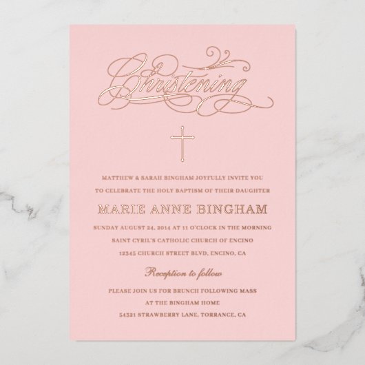 Elegant Calligraphy Christening Blush Roos Folie Uitnodiging (Voorkant)
