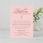Elegant Calligraphy Christening Blush Roos Folie Uitnodiging (Staand Voorkant)