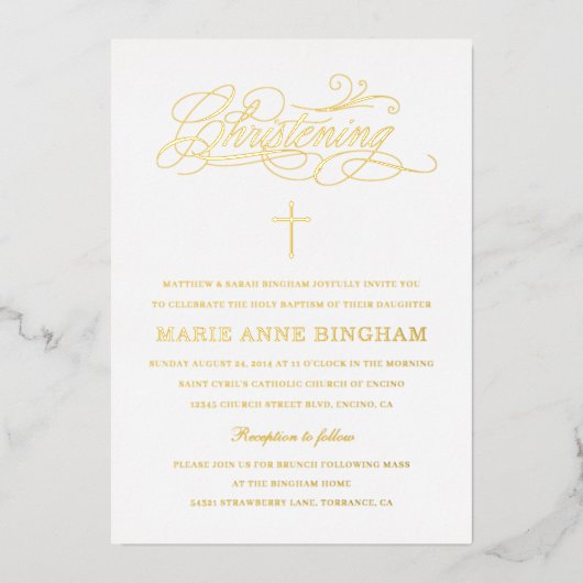 Elegant Calligraphy Christening Gold Folie Uitnodiging (Voorkant)