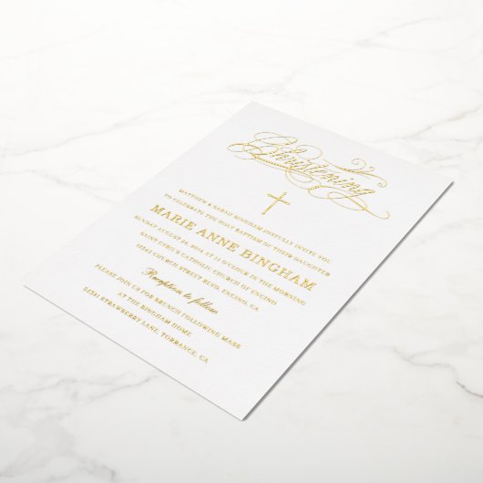 Elegant Calligraphy Christening Gold Folie Uitnodiging (Gedraaid)