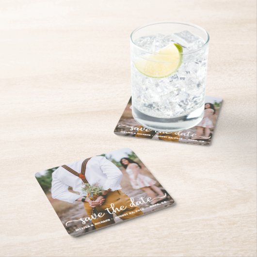 Elegant Calligraphy Couple Photo Save the Date Kartonnen Onderzetters (Insitu)