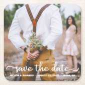 Elegant Calligraphy Couple Photo Save the Date Kartonnen Onderzetters (Voorkant)