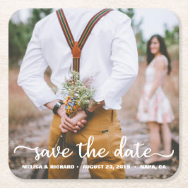Elegant Calligraphy Couple Photo Save the Date Kartonnen Onderzetters