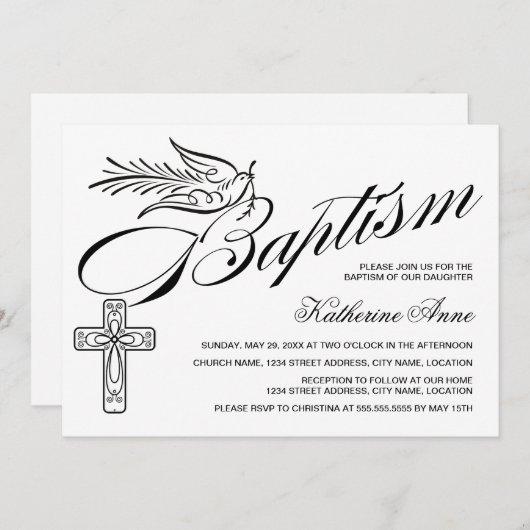 Elegant Calligraphy Cross- and Dove Baptisme Kaart (Voorkant / Achterkant)