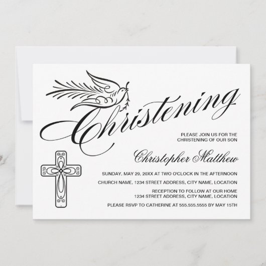 Elegant Calligraphy Cross en Dove Christening Kaart (Voorkant)