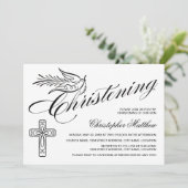 Elegant Calligraphy Cross en Dove Christening Kaart (Staand voorkant)