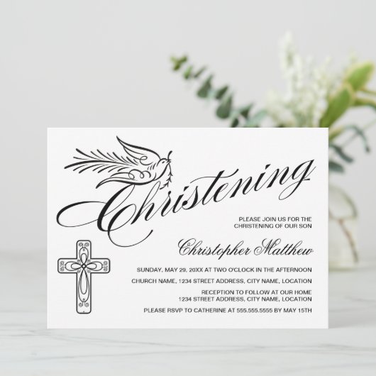 Elegant Calligraphy Cross en Dove Christening Kaart (Staand voorkant)