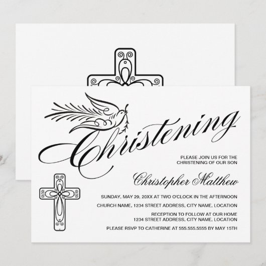 Elegant Calligraphy Cross en Dove Christening Kaart (Voorkant / Achterkant)