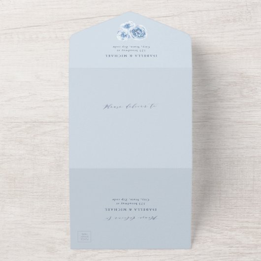 Elegant calligraphy dusty blue floral bruiloft all in one uitnodiging (Buitenkant)