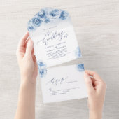 Elegant calligraphy dusty blue floral bruiloft all in one uitnodiging (Afscheurbaar)