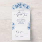Elegant calligraphy dusty blue floral bruiloft all in one uitnodiging (Binnen)