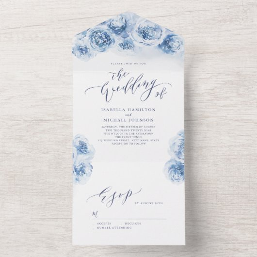 Elegant calligraphy dusty blue floral bruiloft all in one uitnodiging (Binnen)