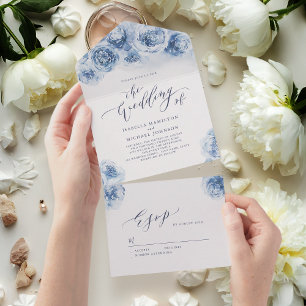 Elegant calligraphy dusty blue floral bruiloft all in one uitnodiging