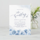 Elegant calligraphy dusty blue floral bruiloft kaart (Staand voorkant)