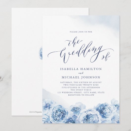 Elegant calligraphy dusty blue floral bruiloft kaart (Voorkant / Achterkant)