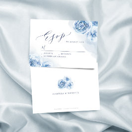 Elegant calligraphy dusty blue floral bruiloft RSVP kaartje