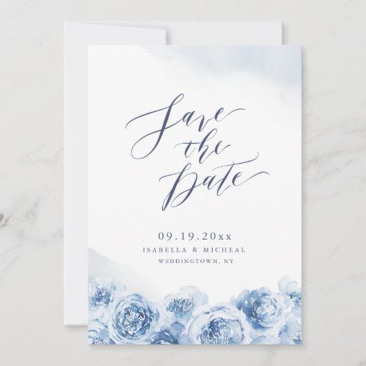Elegant calligraphy dusty blue floral bruiloft save the date (Voorkant)