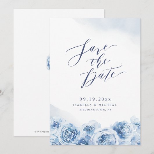 Elegant calligraphy dusty blue floral bruiloft save the date (Voorkant / Achterkant)