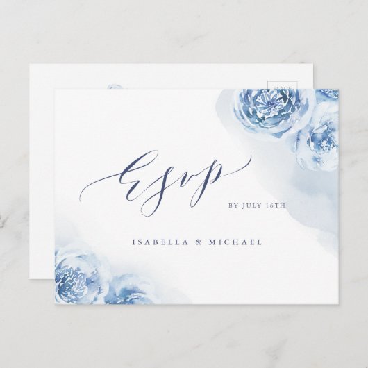 Elegant calligraphy dusty blue floral RSVP Uitnodiging Briefkaart (Voorkant / Achterkant)