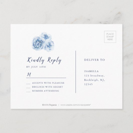 Elegant calligraphy dusty blue floral RSVP Uitnodiging Briefkaart (Achterkant)