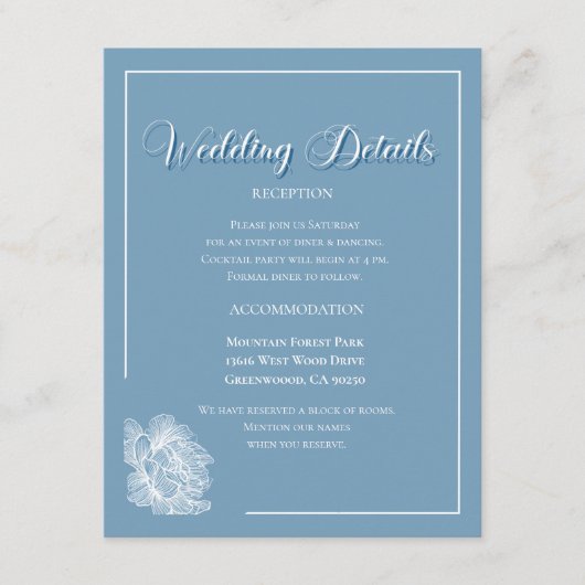 Elegant Calligraphy Dusty Blue Floral Wedding Informatiekaartje (Voorkant)