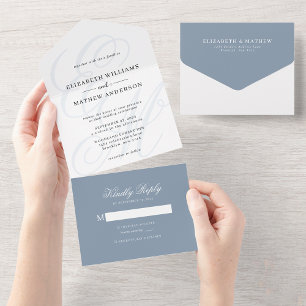 Elegant Calligraphy Dusty Blue Monogram Wedding All In One Uitnodiging