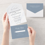 Elegant Calligraphy Dusty Blue Monogram Wedding All In One Uitnodiging