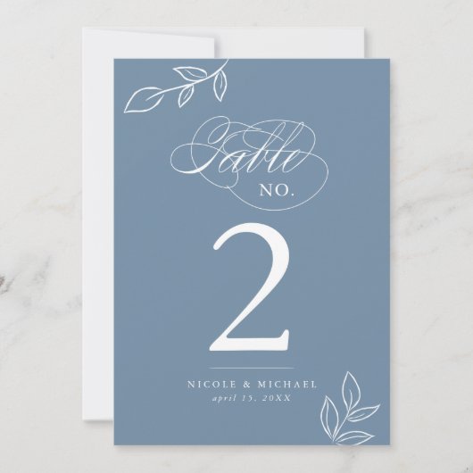 Elegant Calligraphy Dusty Blue Table Number (Voorkant)