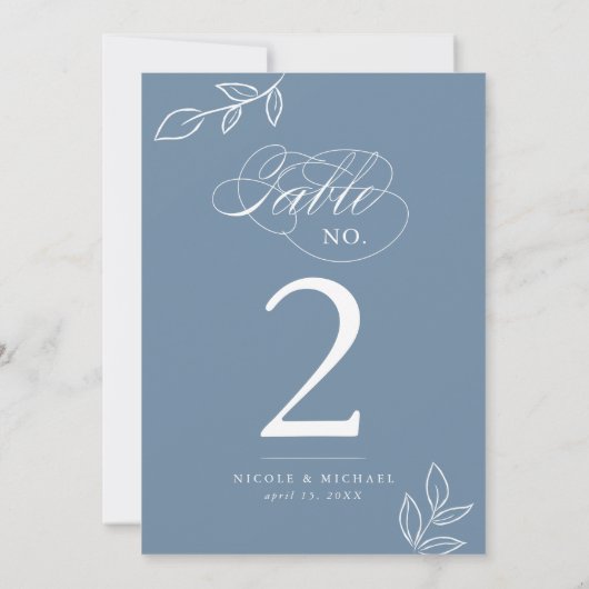 Elegant Calligraphy Dusty Blue Table Number (Achterkant)